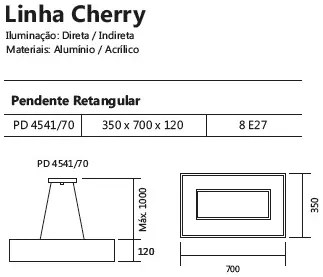 Pendente Retangular Cherry 8L E27 35X70X12Cm | Usina 4541/70 (CB-M - Cobre Metálico)