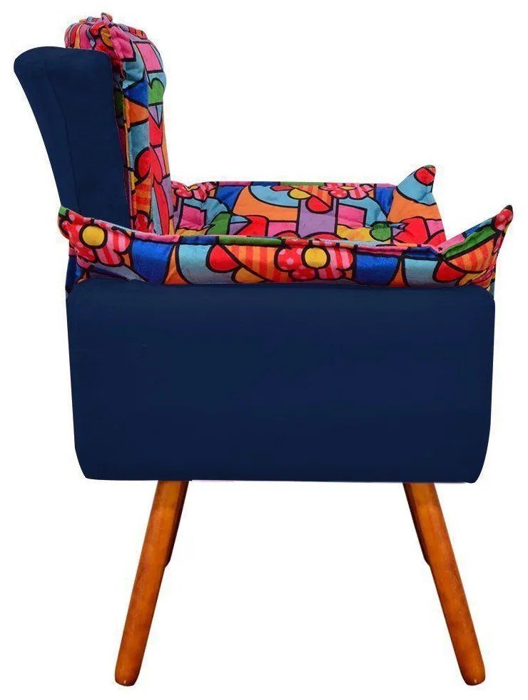 Poltrona Sala Pé Palito de Madeira Opala Romero Britto D15 Suede Azul M D03 - D'Rossi