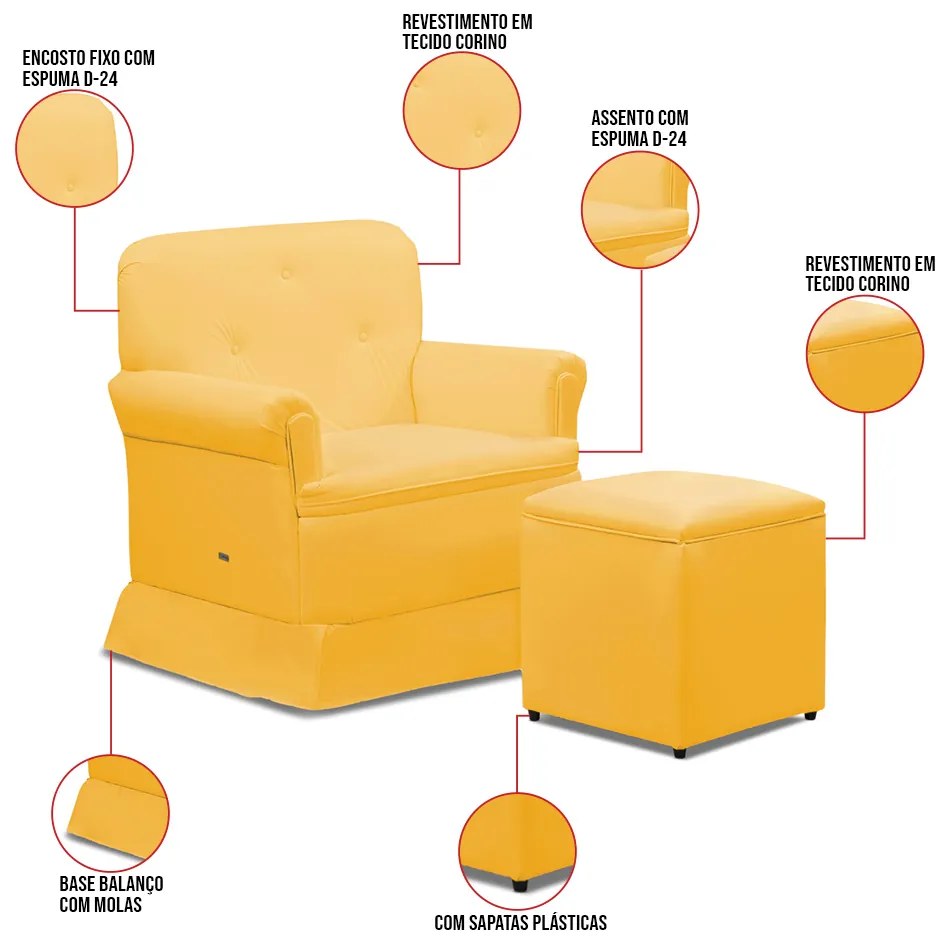 Poltrona de Amamentação Base Balanço e Puff Lígia Sintético Amarelo E03 - D'Rossi
