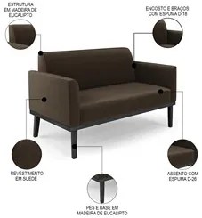 Sofá Namoradeira e 2 Poltronas Base Madeira Preto Maressa Suede Marrom