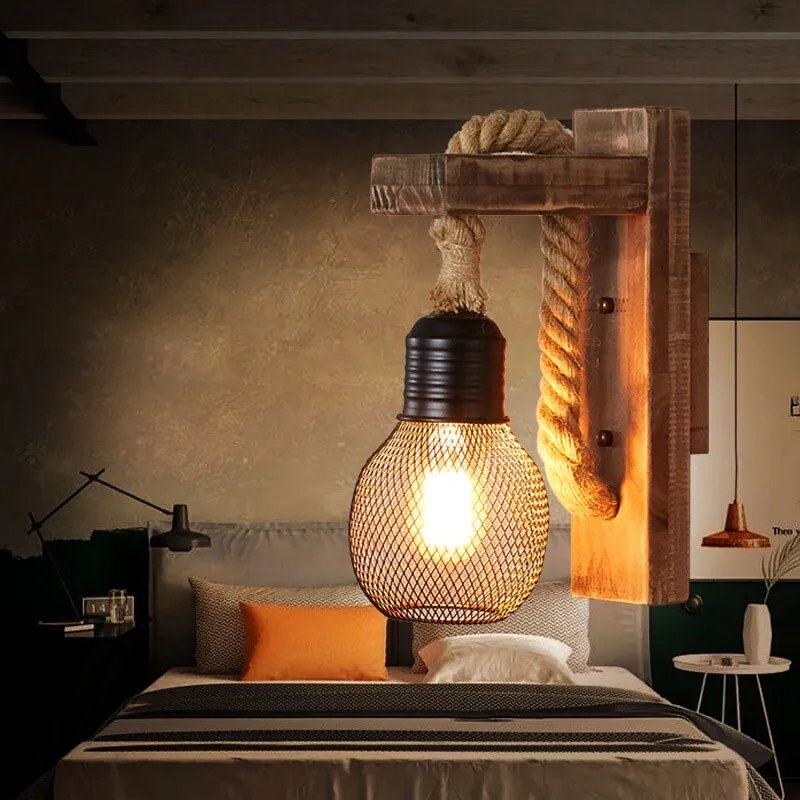 Arandela Luminária Loft americano industrial retro lâmpada de parede e27 madeira led corredor varanda luz parede para barra sala estar gaiola ferro pendurar arandela - A