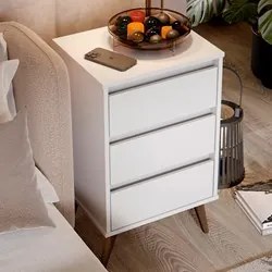 Mesa de Cabeceira Pés Retrô 3 Gavetas 43cm Wood Branco - EJ Móveis