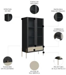 Cristaleira 2 Portas de Vidro Pé Metal Arlo A10 Nero/Dourado - Mpozena