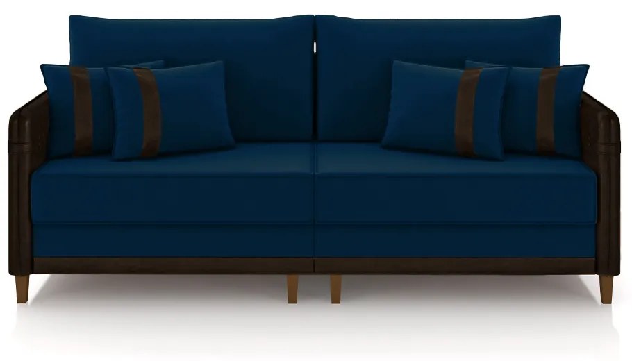 Sofá Living Montecarlo 3 Lugares Bipartido 232cm Pés em Madeira Veludo/PU Azul/Marrom G33 - Gran Belo