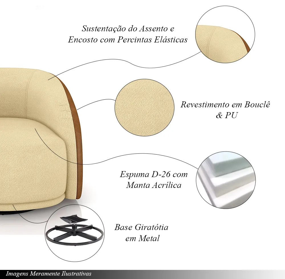 Kit 2 Poltronas Decorativas Jenny Base Giratória em Metal Preto Bouclê Bege/Caramelo G45 - Gran Belo