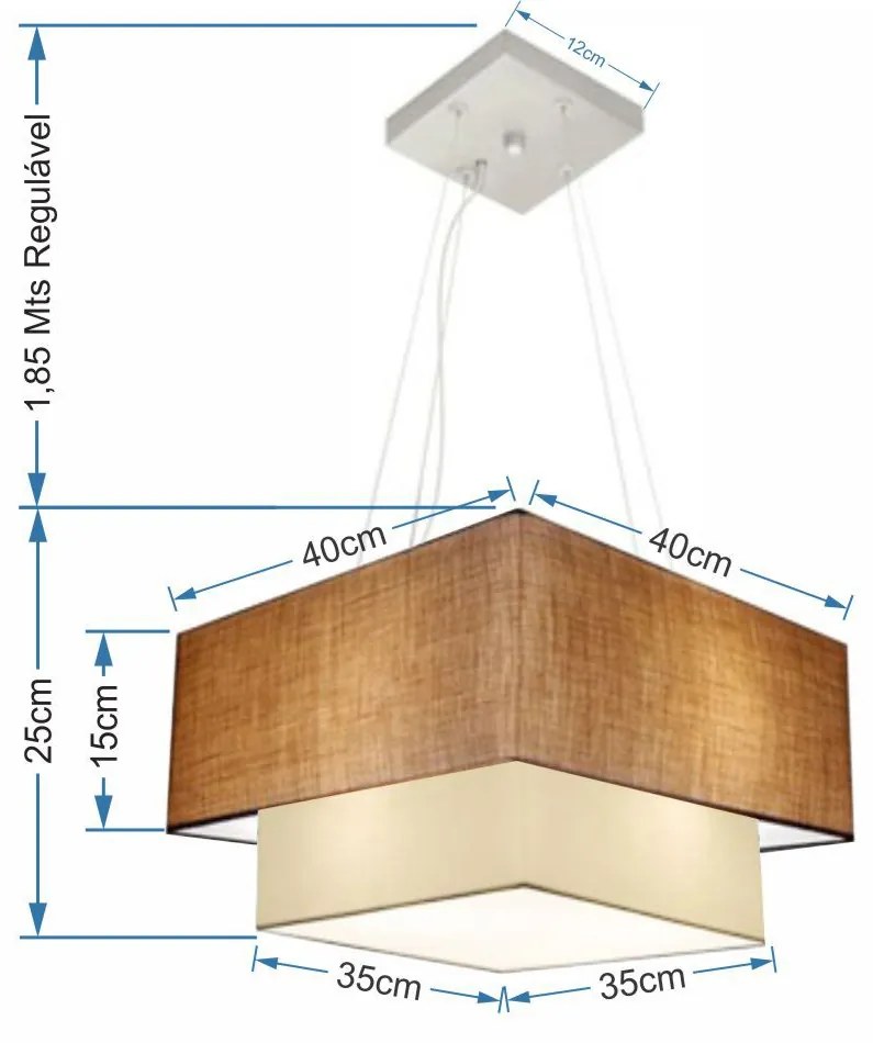 Lustre Pendente Duplo Quadrado Vivare Md-4157 Cúpula em Tecido 40x35cm - Bivolt