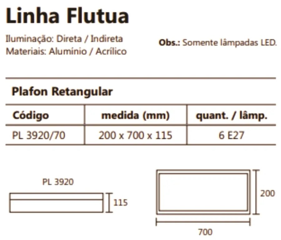 Arandela Flutua Retangular 20X70Cm 6Xe27 Metal E Acrílico | Usina 3920... (CP-M - Champagne Metálico)