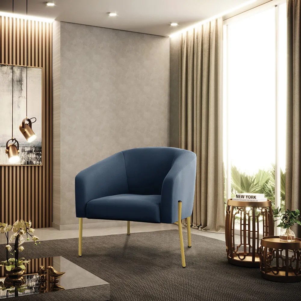 Poltrona Decorativa Pé de Ferro Dourado Kit 2 Stella Suede Azul Marinho D03 - D'Rossi