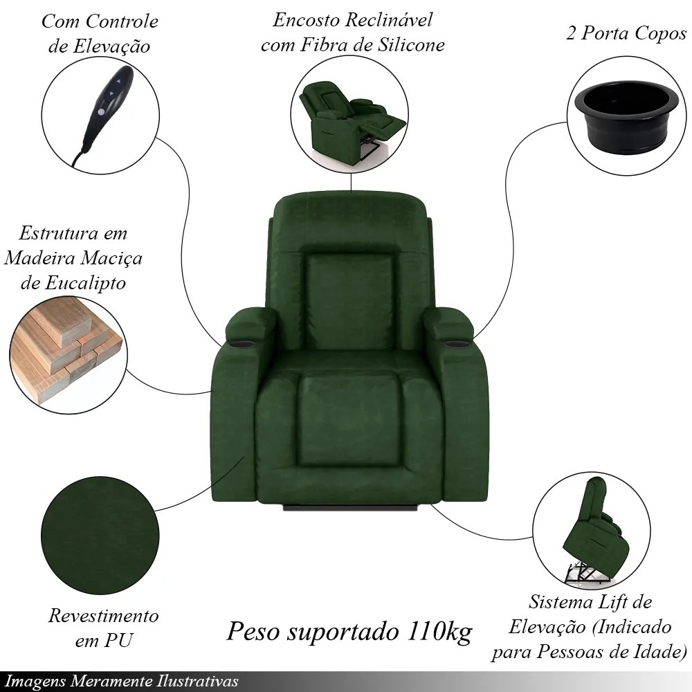 Poltrona do Papai Reclinável Sala de Cinema Crihs Elétrica Lift Elevação PU Verde G23 - Gran Belo