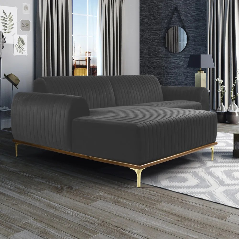 Sofá 3 Lugares Lisboa D07 com Chaise Esquerda 230cm Veludo Cinza - D'Rossi