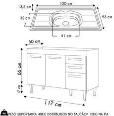 Balcão Gabinete com Pia Inox 120cm 3 Portas 2 Gavetas Suécia Cinza - L