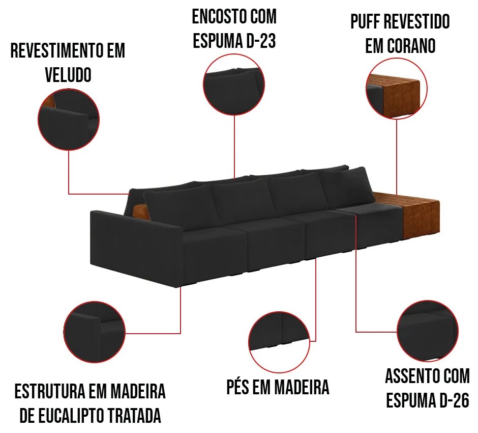 Sofá Ilha 4 Lugares Living 432cm Modulado para Sala Lary Veludo K01 - D'Rossi - Preto