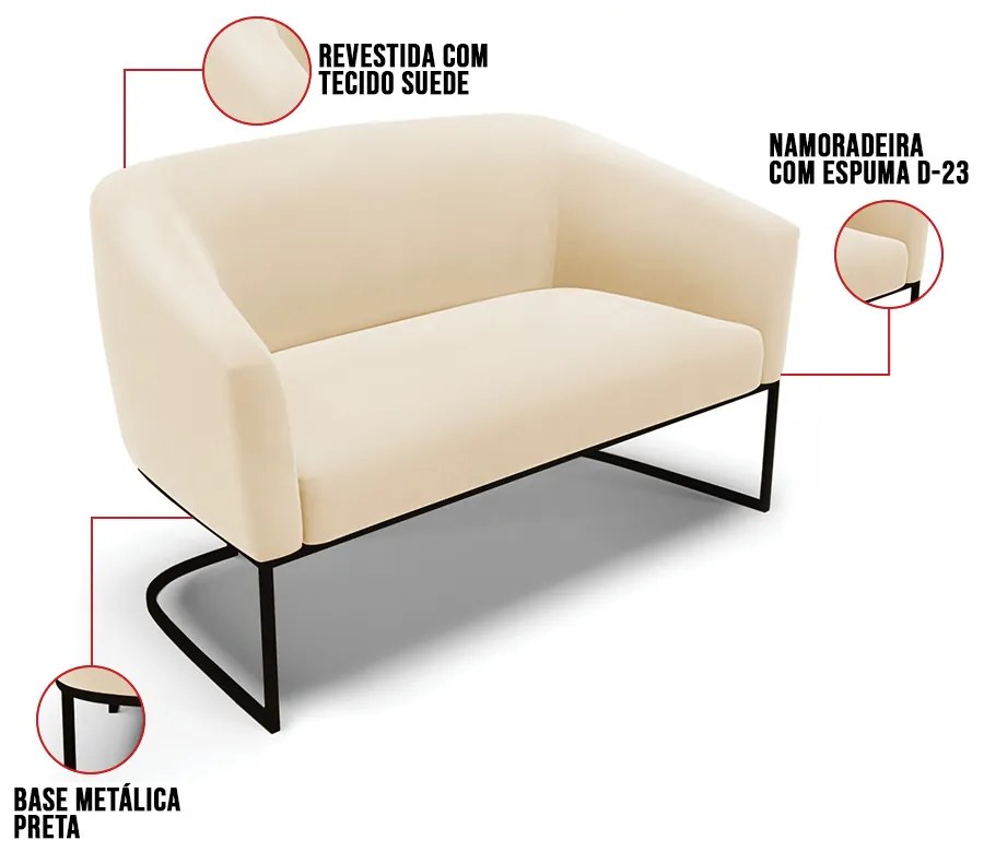 Sofá 2 Lugares Namoradeira Industrial Preto Stella Suede D03 - D'Rossi - Bege