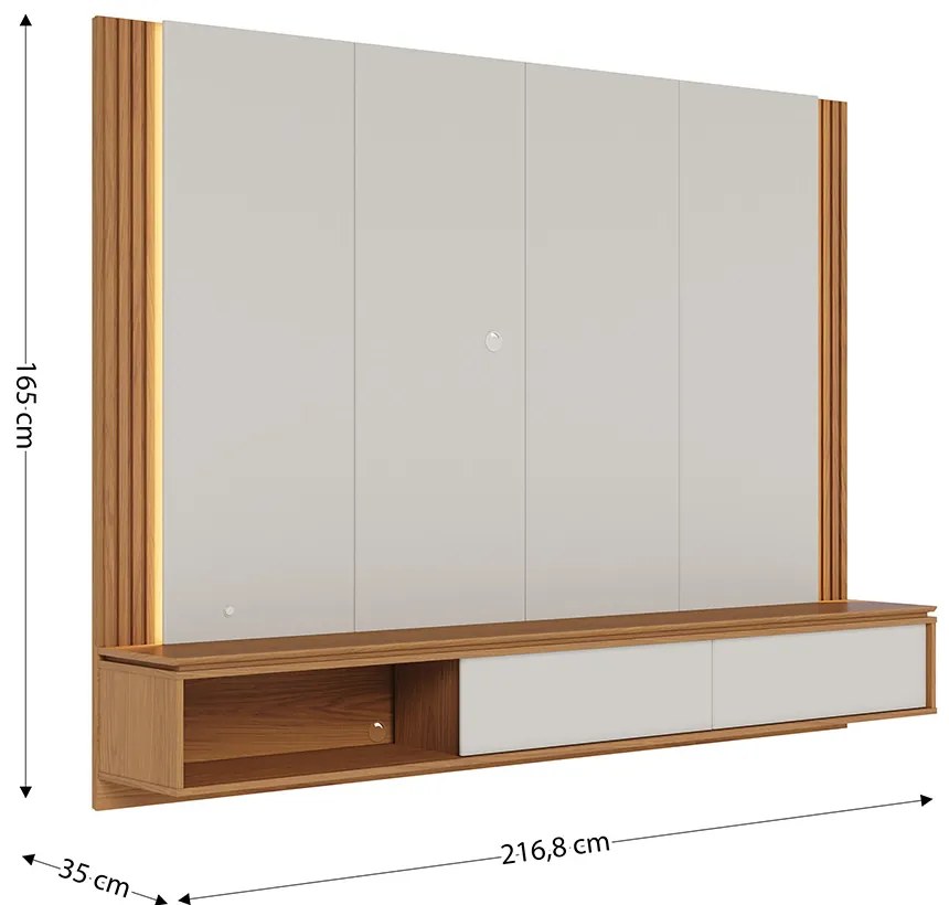 Painel TV 75 Pol 180cm Bancada Suspensa Ripado Led Duda C04 - D'Rossi - Off White Matte e Freijó