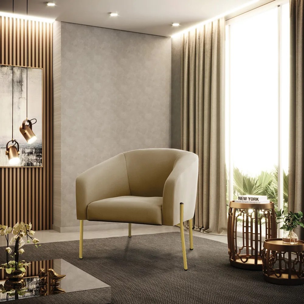Poltrona Decorativa Pé de Ferro Dourado Kit 2 Stella Suede D03 - D'Rossi - Marrom Rato