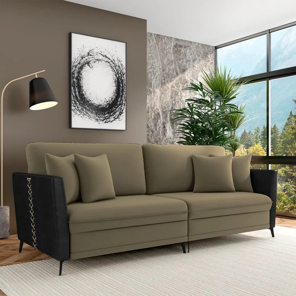 Sofá Living Decorativo Zagreb 3 Lugares 262cm com Almofadas Pés de Ferro Veludo/PU Castor/Preto G33 - Gran Belo