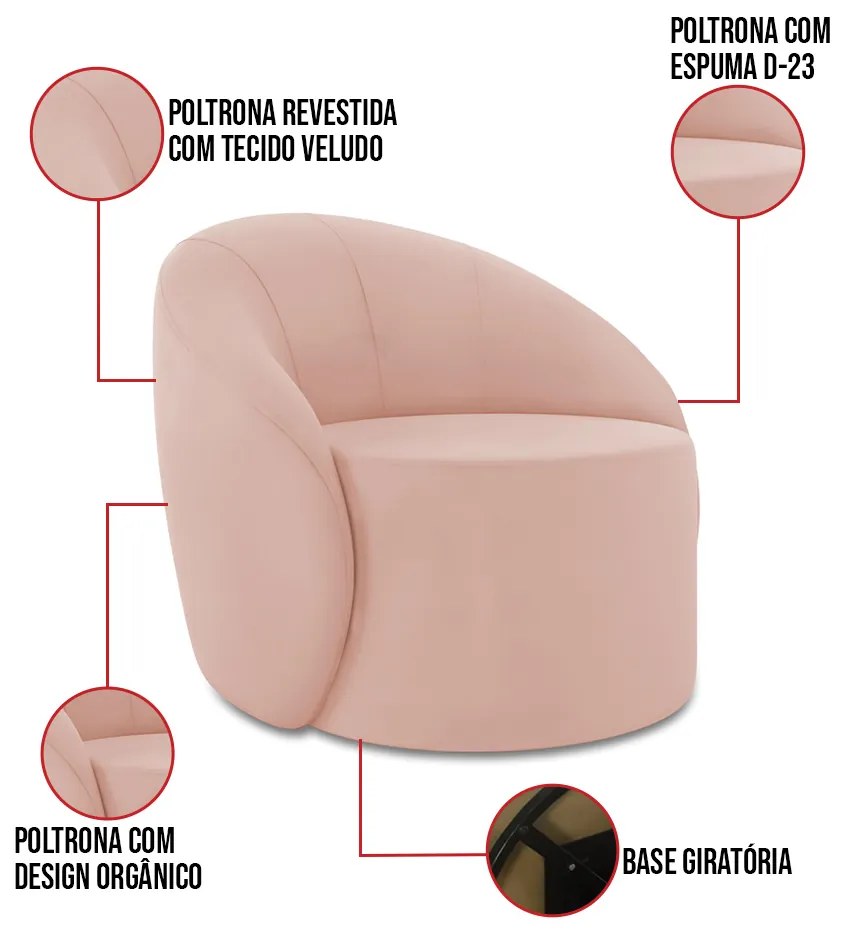 Poltrona Decorativa Orgânica Giratória Lua Veludo D03 - D'Rossi - Rose