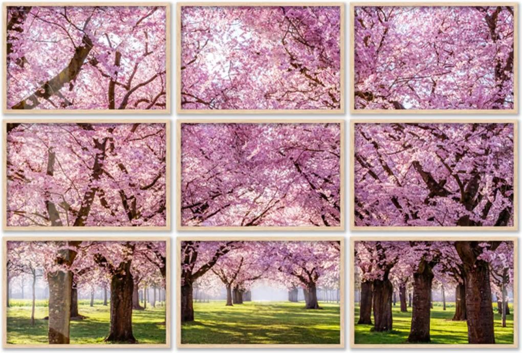 Quadro 150x225cm Painel Sakura Cerejeiras Rosas Moldura Natural com Vidro