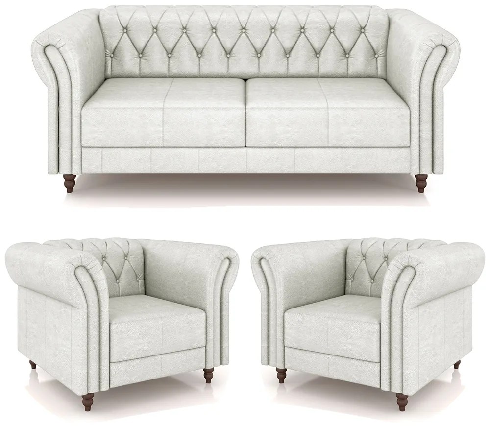 Conjunto Sala de Estar 1 Sofá Living 200cm e 2 Poltronas Stanford Chesterfield Pés Madeira Couro Branco Manchado G58 - Gran Belo