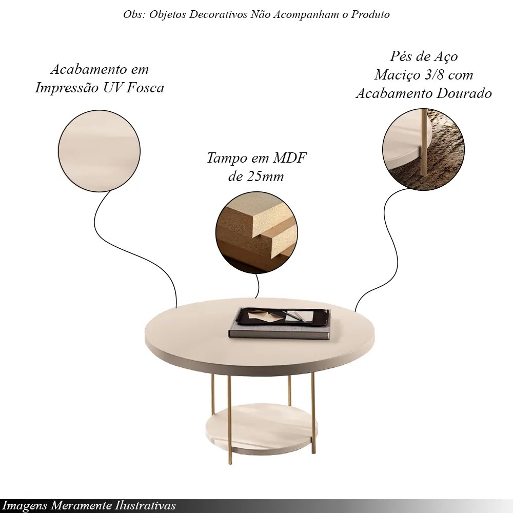 Conjunto 2 Mesas de Centro Decorativas Walker Tampo MDF/Tampo Vidro Off White G26 - Gran Belo