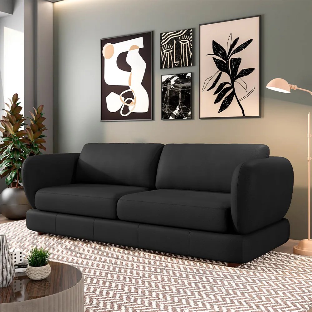 Sofá Living 3 Lugares 245cm Pés Madeira Dalian Couro Preto G52 - Gran Belo