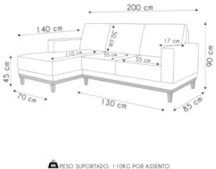 Sofá 3 Lugares 200cm Living Com Chaise Direito Kayrós D05 Sintético Wh