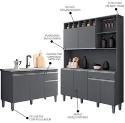 Cozinha Compacta Alice e Balcão Gabinete Com Pia Tatiane 120cm Cinza -