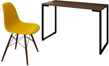 Mesa Escrivaninha Fit 120cm Castanho e Cadeira Charles Amarela - Mpozenato