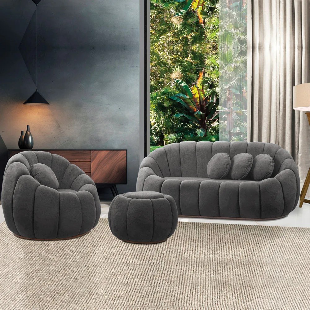 Sofá 2 Lugares com Puff e Poltrona Giratória Orgânica Cloud Bouclê Cinza Escuro E03 - D'Rossi
