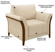 Poltrona Decorativa Sala de Estar 102cm Pés Madeira Roya M22 Linho Cha