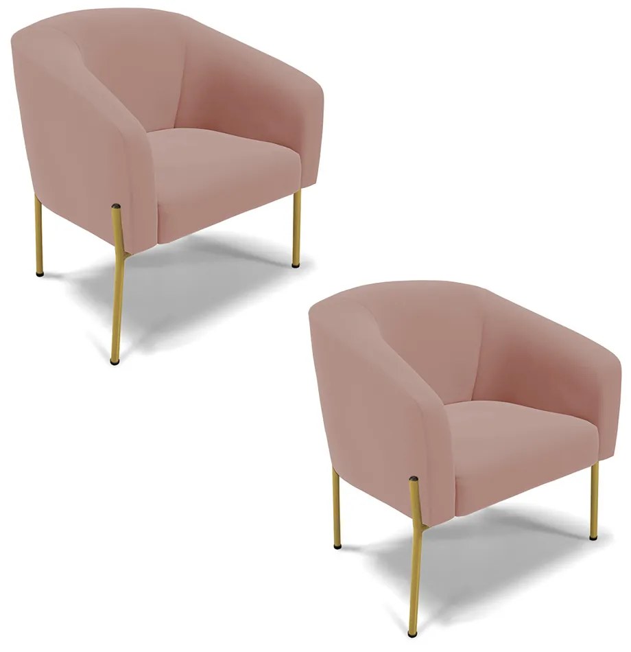Poltrona Decorativa Pé de Ferro Dourado Kit 2 Stella Veludo Rosê D03 - D'Rossi