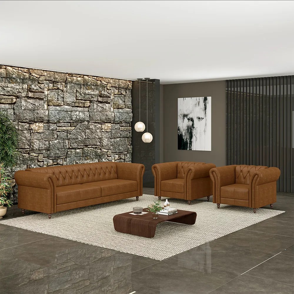 Conjunto Sala de Estar 1 Sofá Living 200cm e 2 Poltronas Stanford Chesterfield Pés Madeira Couro Mel Manchado G58 - Gran Belo