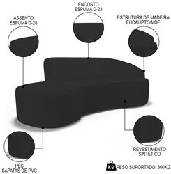 Sofá Living 3 Lugares 230cm Braço Direito Mozart D06 Sintético Preto -