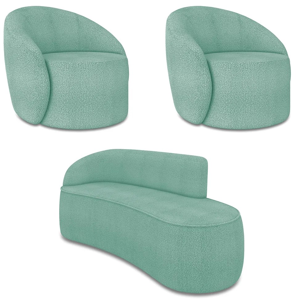 Sofá 2 Lugares Orgânico 140cm Morgan e 2 Poltronas Lua Bouclê D03 - D'Rossi - Verde Menta