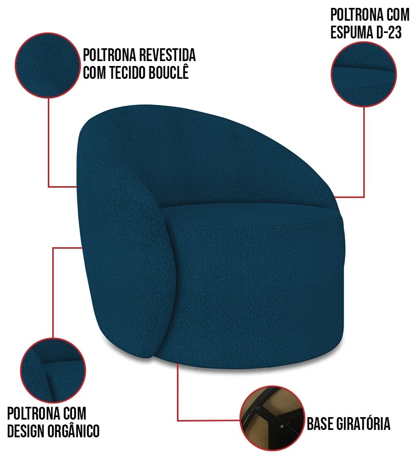 Sofá 2 Lugares Orgânico 140cm Morgan e 2 Poltronas Lua Bouclê D03 - D'Rossi - Azul