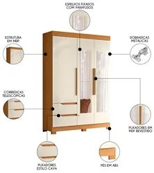 Guarda Roupa Solteiro 3 Portas Com Espelho Vivacce Cinamomo/Off White