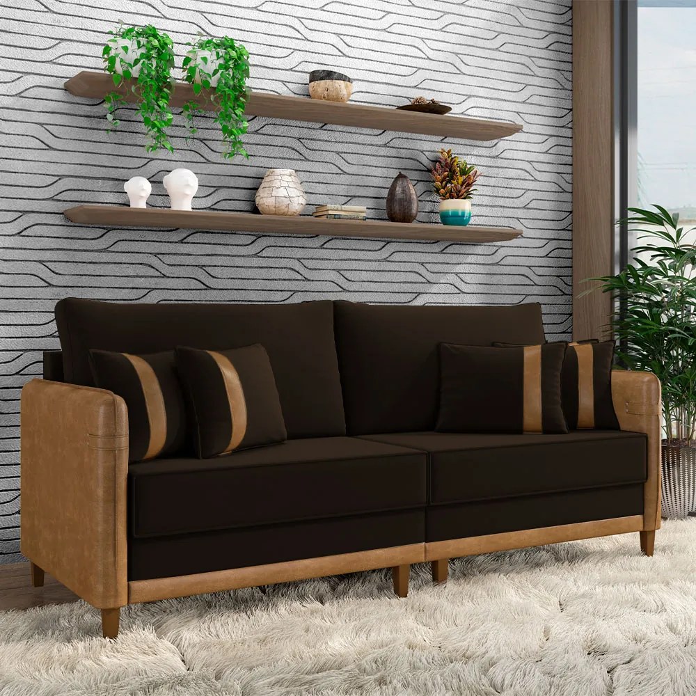 Sofá Living Montecarlo 2 Lugares Bipartido 212cm Pés em Madeira Veludo/PU Marrom/Caramelo G33 - Gran Belo