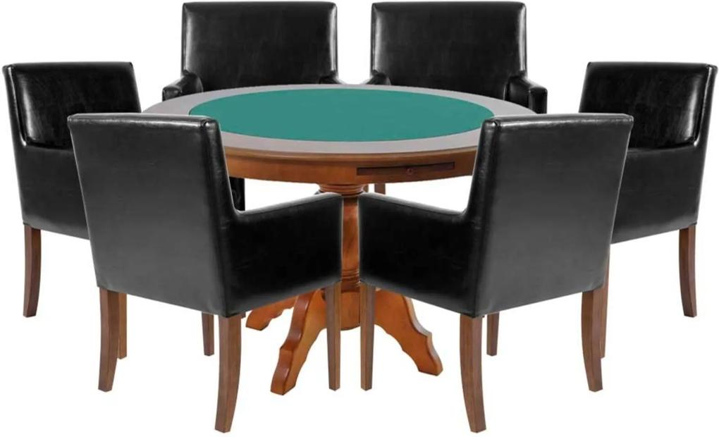 Mesa de Jogos Carteado Redonda Montreal Tampo Reversível Amêndoa com 6 Cadeiras Liverpool Corino Preto Liso - Gran Belo