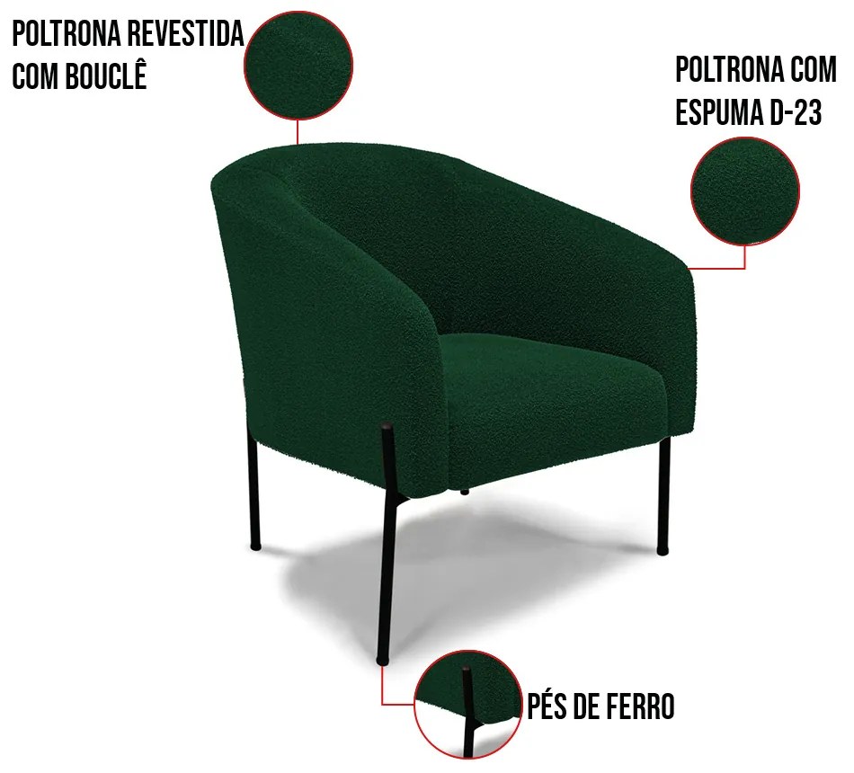 Poltrona Decorativa Pé de Ferro Preto Kit 2 Stella Bouclê Verde D03 - D'Rossi