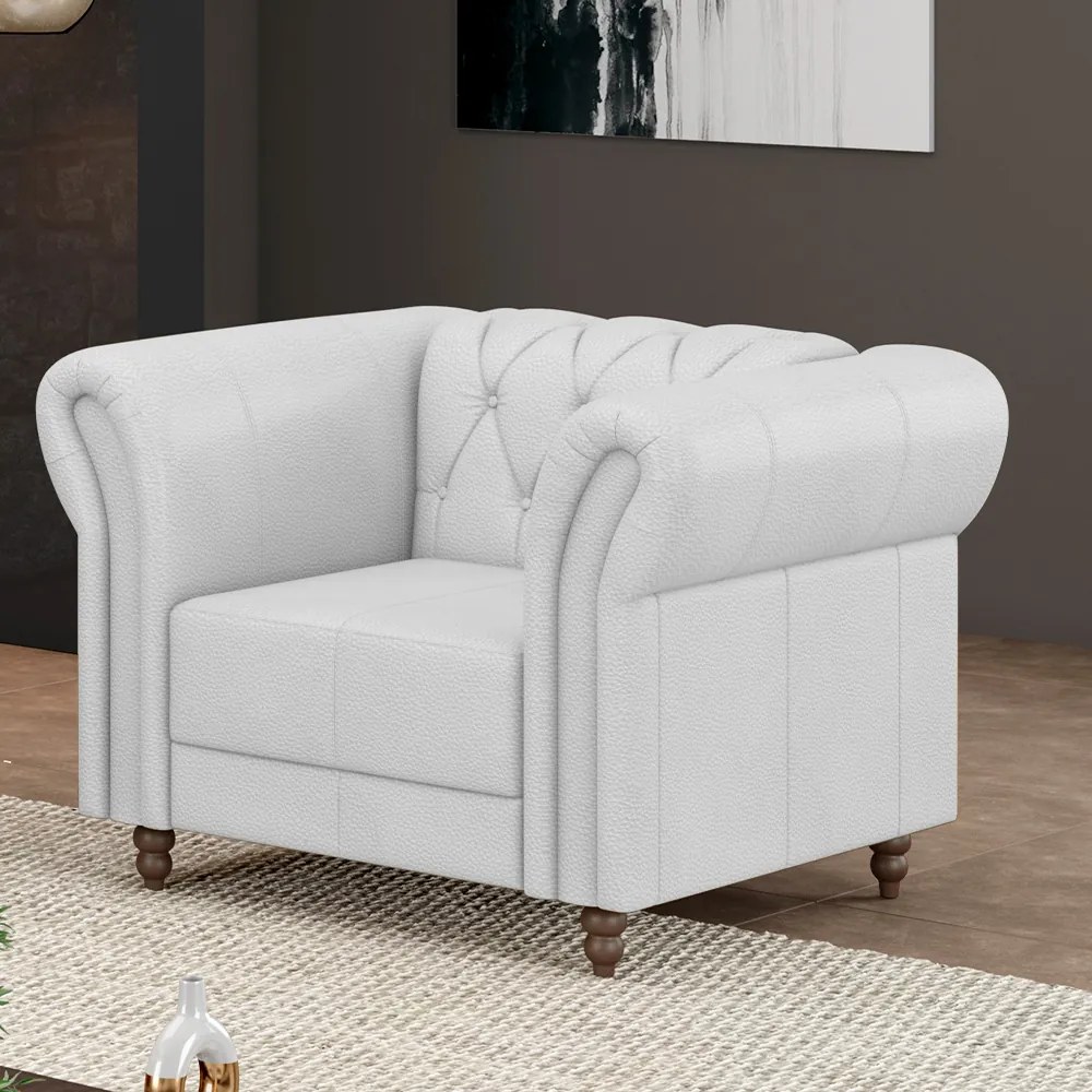 Poltrona Decorativa Sala de Estar Stanford Chesterfield Pés de Madeira Couro Branco G58 - Gran Belo