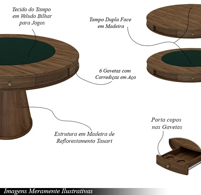 Mesa de Jogos Carteado 6 Lugares Bellagio com Gavetas e Tampo Reversível Base Cone com Tecido Nogueira/Verde G42 - Gran Belo