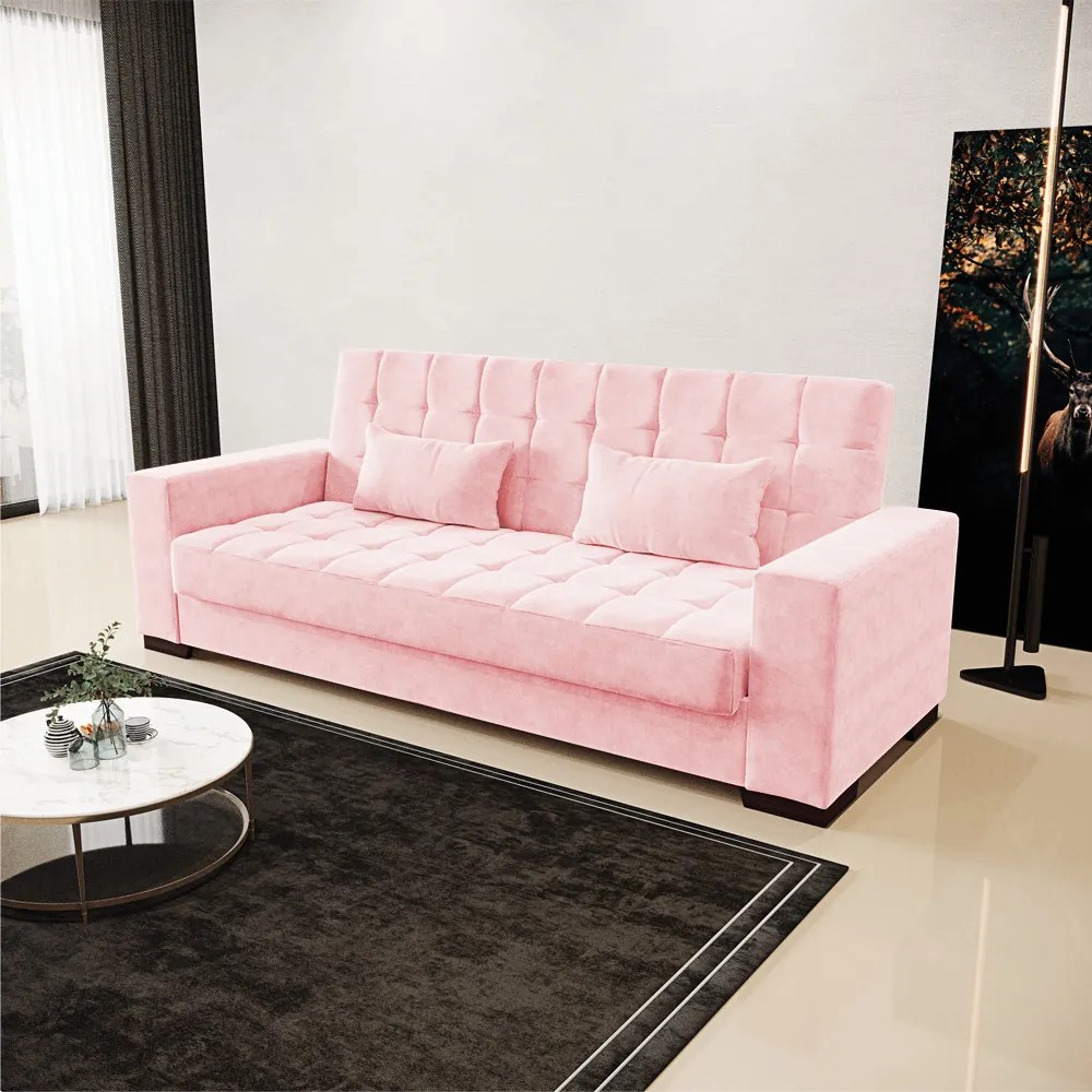 Sofá Cama Casal 3 Lugares 210cm Lisboa Suede  D03 - D'Rossi - Rosa Bebê