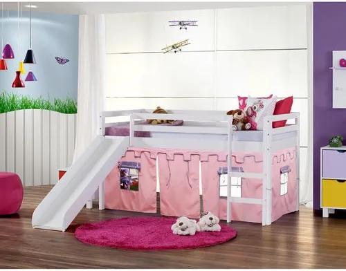 Cama Infantil com Escorregador e Tenda Castelo Rosa - Laca Branco Casatema