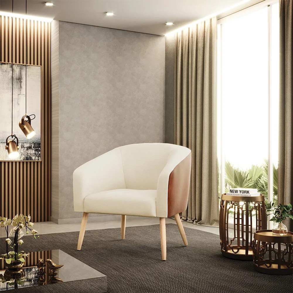 Poltrona Decorativa Pé Palito Natural Stella Nozes/Linho Bege D03 - D'Rossi