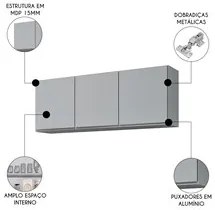 Armário de Cozinha Aéreo 150cm 3 Portas Argélia Cinza Claro - Lumil