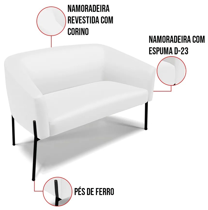 Sofá 2 Lugares Namoradeira Pé de Ferro Preto Stella Sintético D03 - D'Rossi - Branco