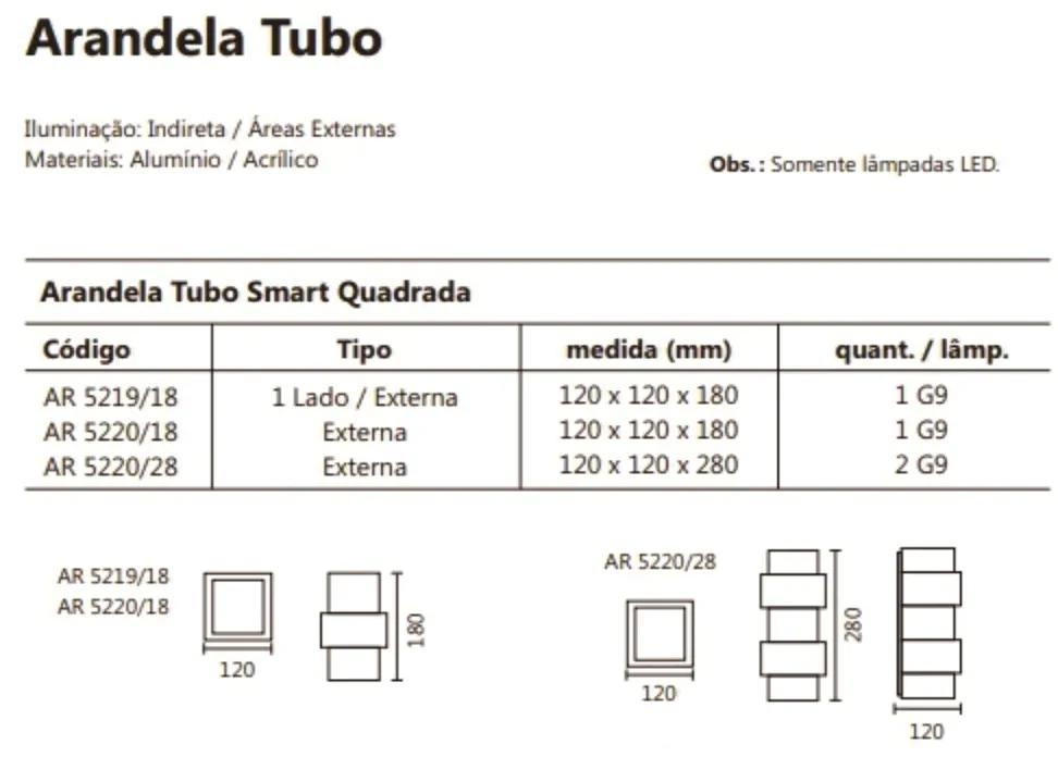 Arandela Smart Tubo Quadrado Facho Duplo 12X12X18Cm 1Xg9 | Usina 5220/... (CB-M - Cobre Metálico)