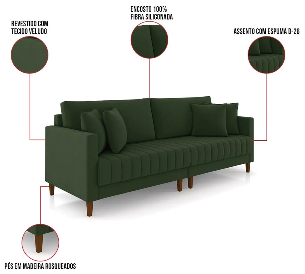 Sofá 3 Lugares Living 196cm Pés Madeira Cléo Veludo K01 - D'Rossi - Verde