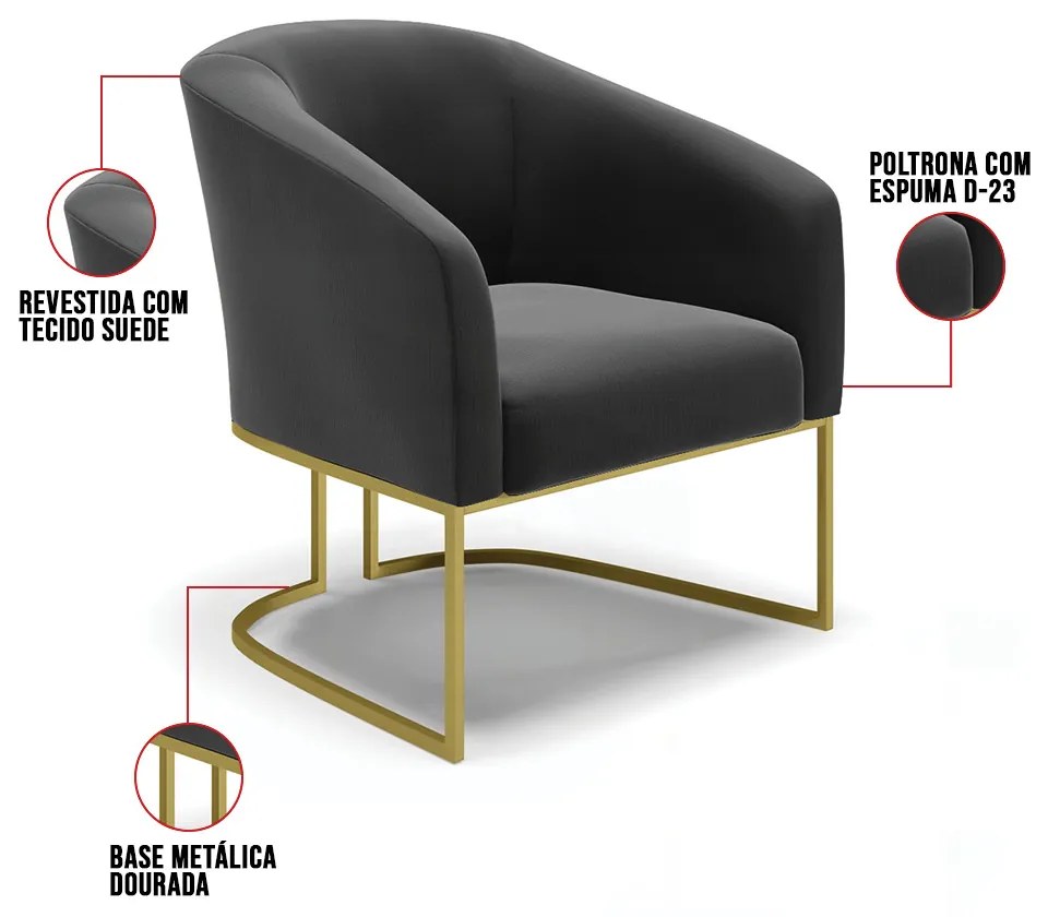 Cadeira Sala de Jantar Base Industrial Dourado Stella Suede D03 - D'Rossi - Preto