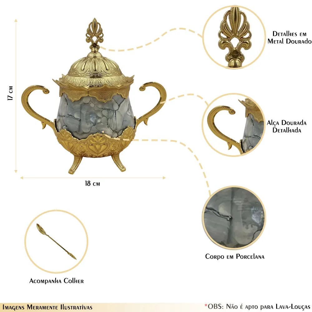 Açucareira Porta Açucar Lille com Alça Detalhada Colher Porcelana/Metal G95 - Gran Belo